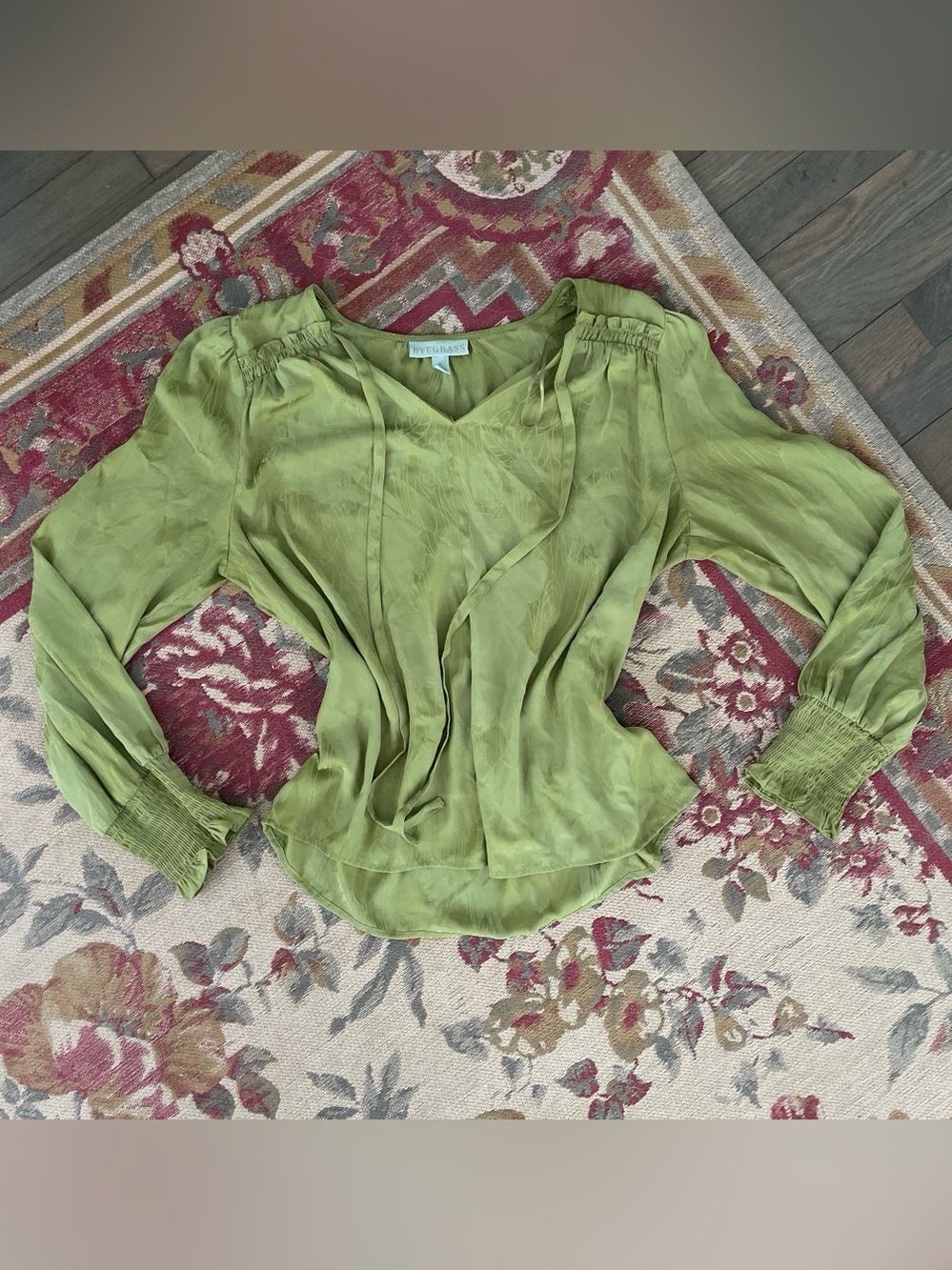 Ryegrass Green Keyhole Neck Blouson Sleeve Blouse With Deep Smocked Cuffs